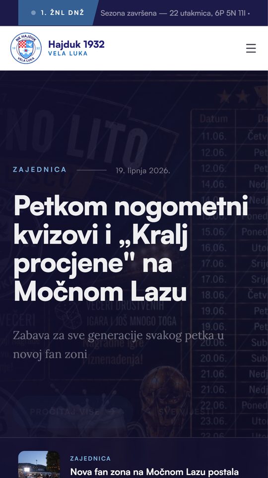 Mobile view of the official site hajduk1932.com
